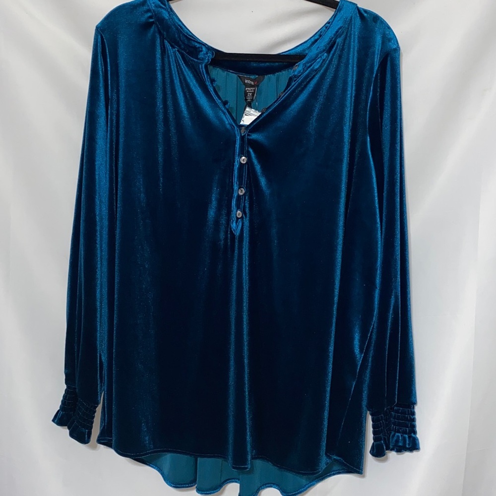 NWT INTRO STRETCH WO SIZE 2X   DEEP TEAL VELVET TOP FLOWY‎ BUTTON FRONT - Picture 5 of 11